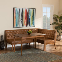 Baxton Studio BBT8051.13-TanWalnut-3PC Dining Nook Set Baxton Studio Riordan Mid-Century Modern Tan Faux Leather Upholstered and Walnut Brown Finished Wood 3-Piece Dining Nook Set